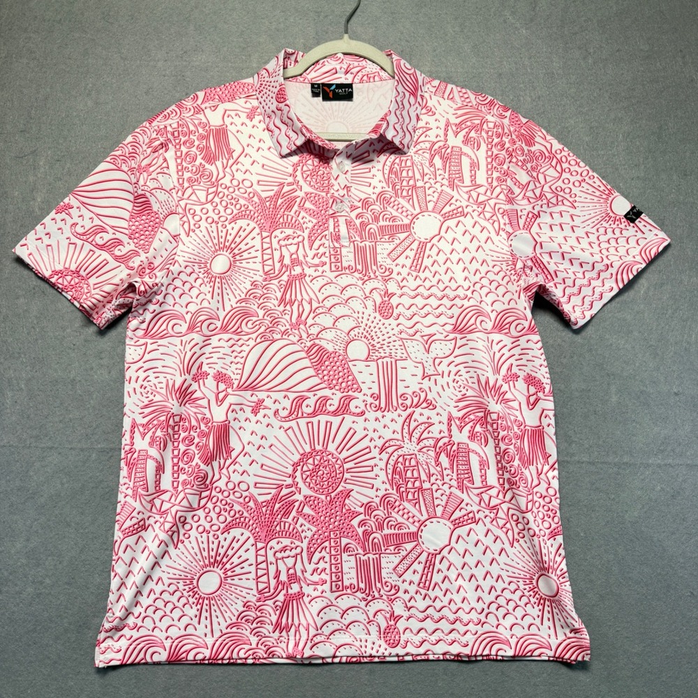 Yatta Golf Mens‎ Pink White Tropical Hula Print Performance Polo Shirt Size M